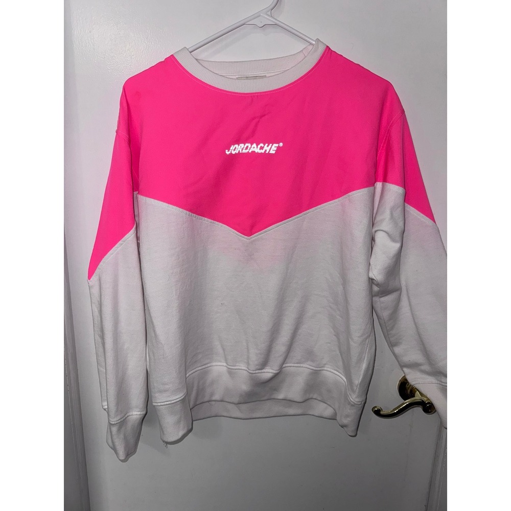Jordache Vintage Neon Pink White Colorblock Chevron Logo Sweatshirt Mens Medium